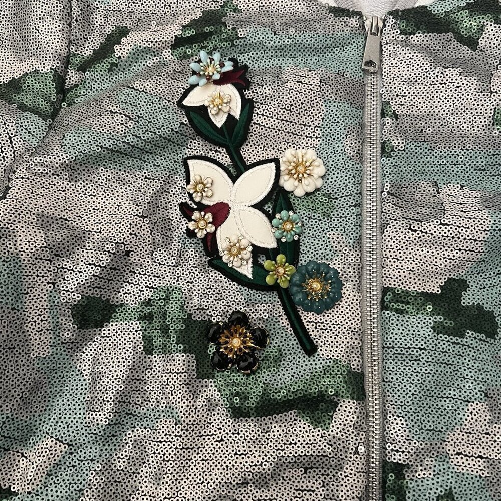 Boston Proper Sequin Camo Zip Varsity Jacket Size Large Embellished Floral - Picture 2 of 10